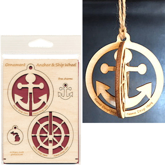 Nautical Ornament Kit Large - Anchor Ship Wheel Christmas Craft - Baltic Birch 4.5" x 6.25"