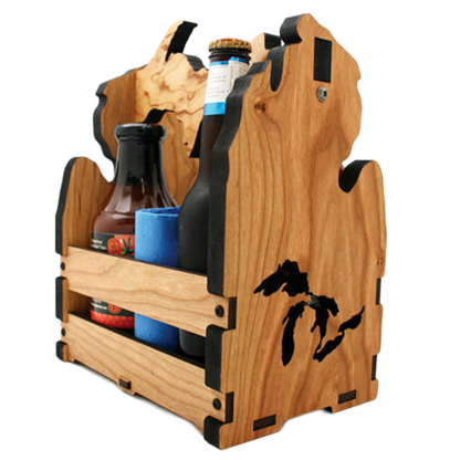 Michigan Themed Cherry Wood Table Caddy Great Lakes UP Handle