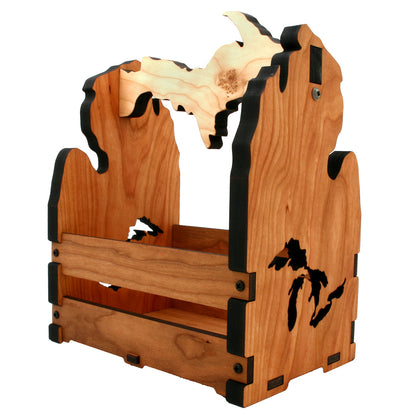 Michigan Themed Cherry Wood Table Caddy Great Lakes UP Handle