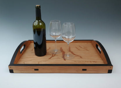 Wooden Finger Lakes tray with black edges and handles for carrying with ease.
