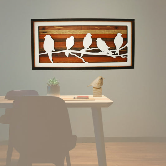 Handcrafted Wood Wall Art - Birds on Branch - Exotic Hardwood Cherry Frame 23.5" x 11.75"