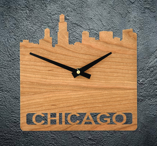 Cherry MDF Wood Chicago Skyline Small Kitchen Clock Square 7.25"